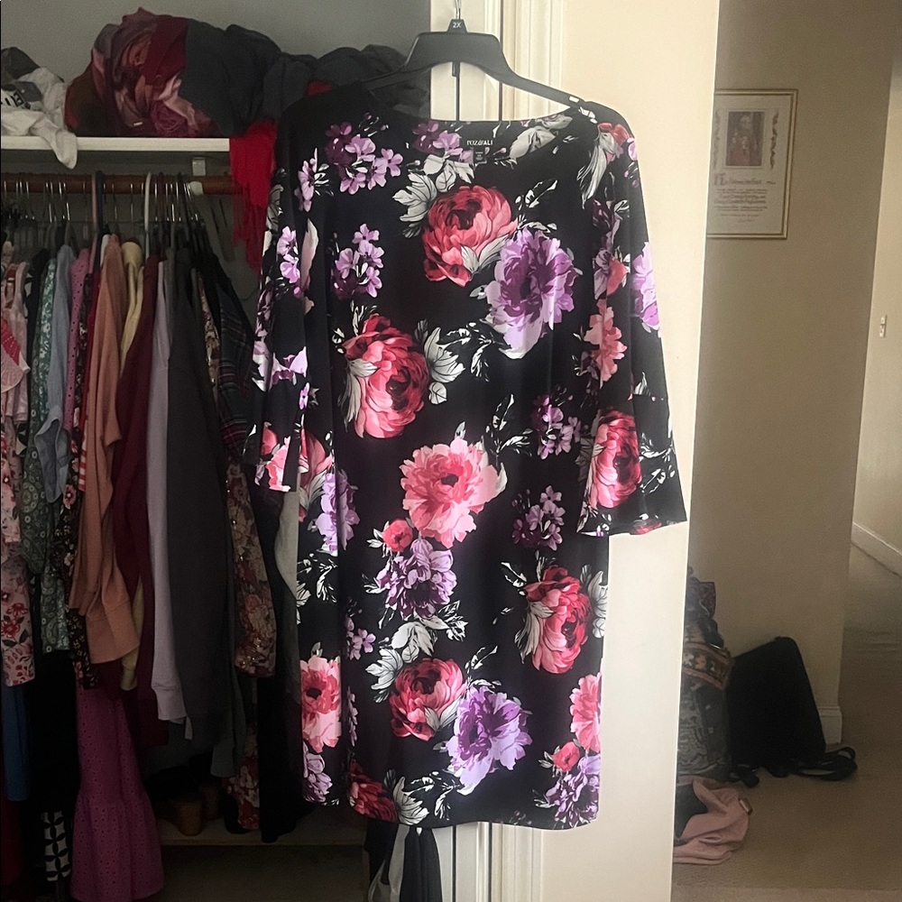 Roz & Ali Black Dress with Pink and Purple Floral Design